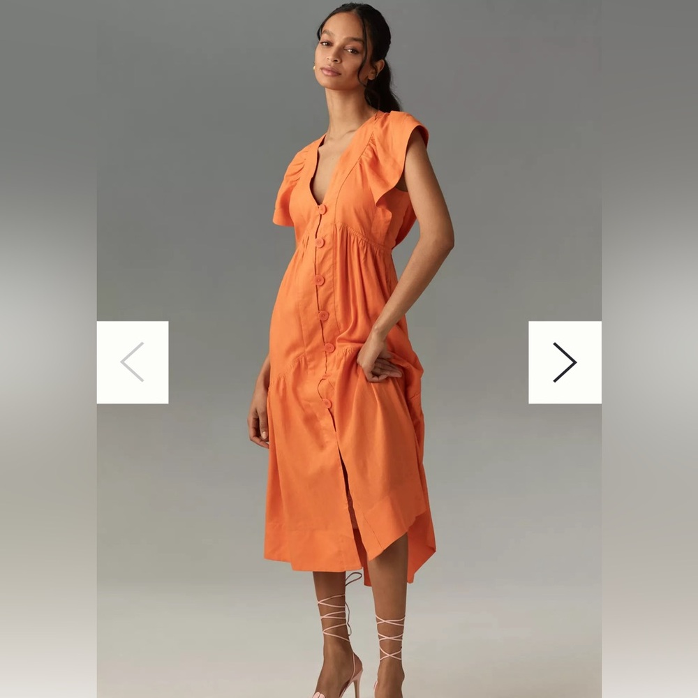 By Anthropologie Flutter-Sleeve Linen Button-Front Midi Dress
By Anthropologie